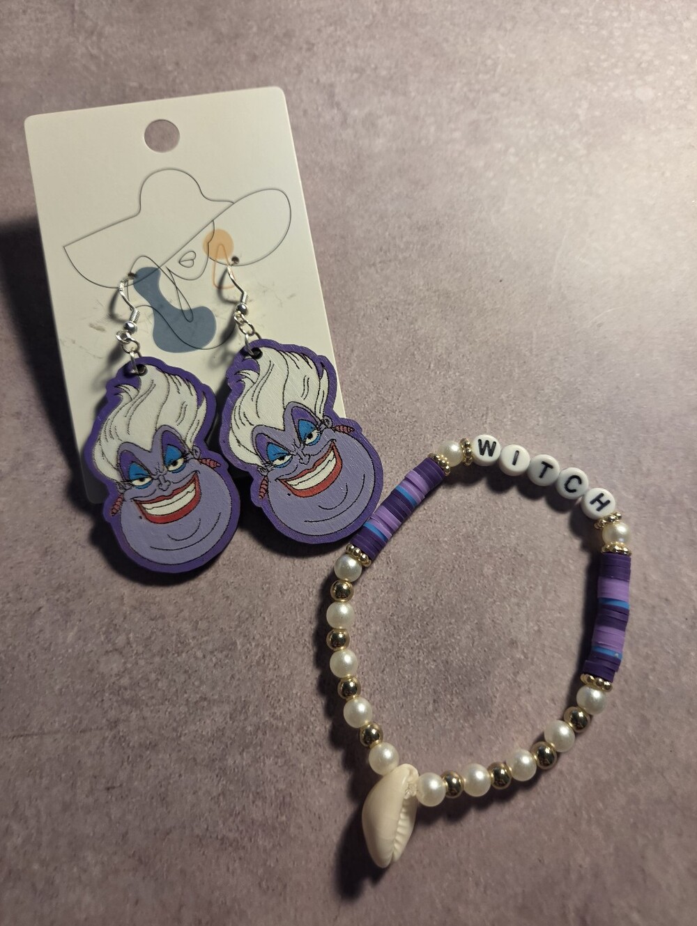 Purple Ursula Earrings and 'WITCH' Beaded Bracelet Set